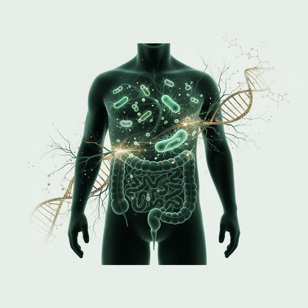 Ilustración científica del eje intestino-cerebro y microbiota